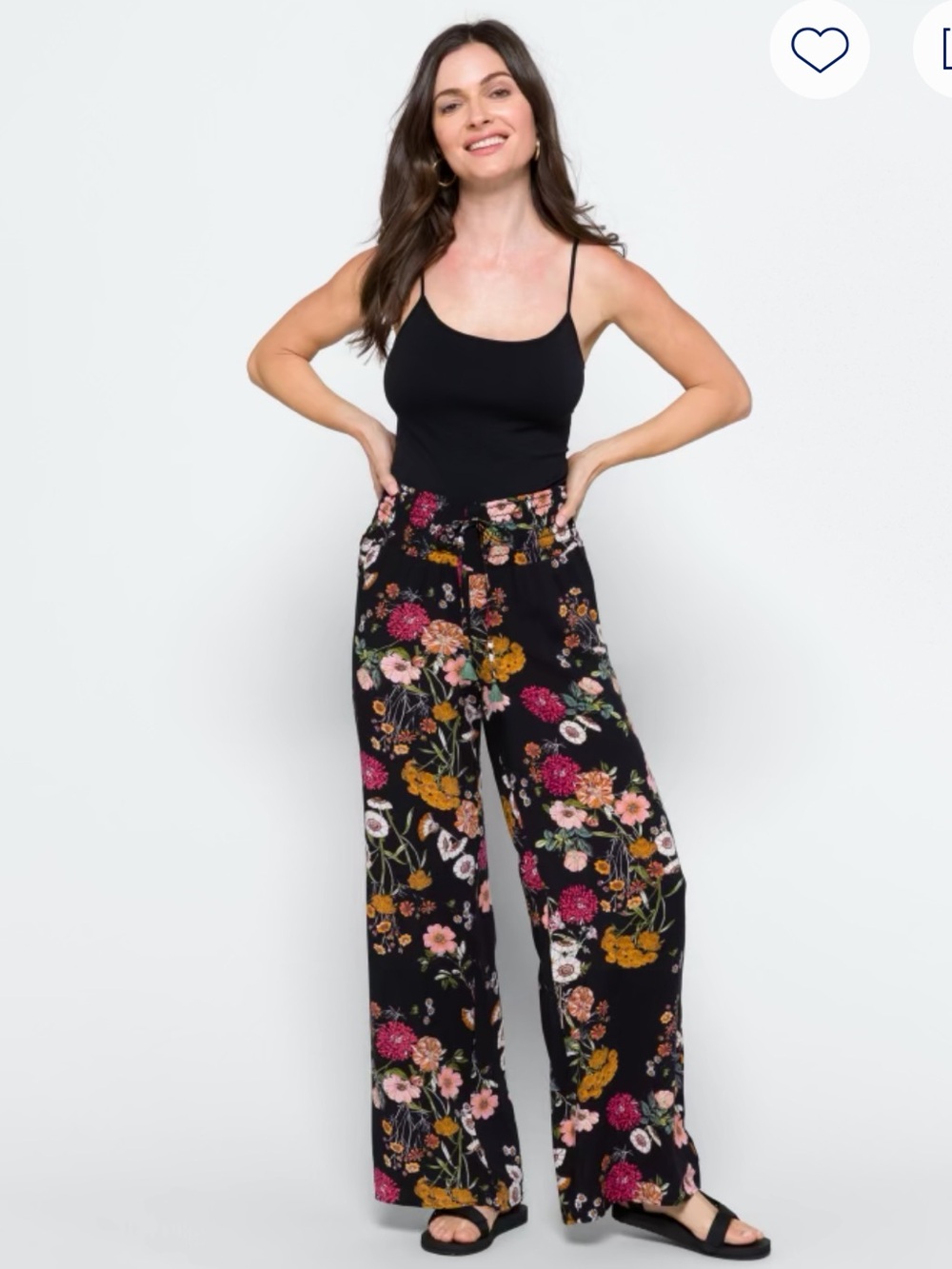 one 5 one Black Wide-Leg Floral Pull-On Pants with Pink & Mustard Blooms - Picture 2 of 8